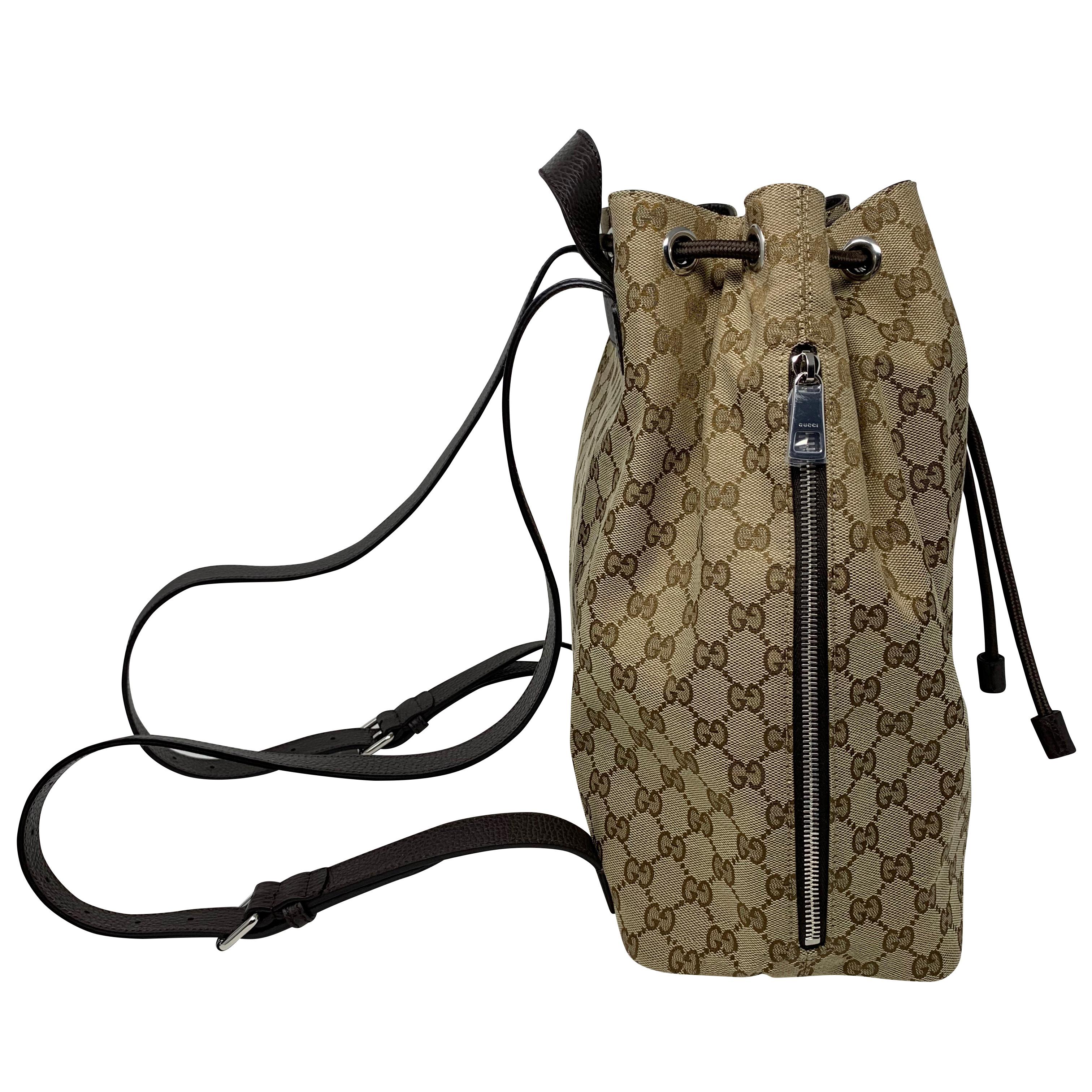 NEW Gucci Brown/Beige GG Guccissima Drawstring Canvas Backpack Rucksack For Sale 2