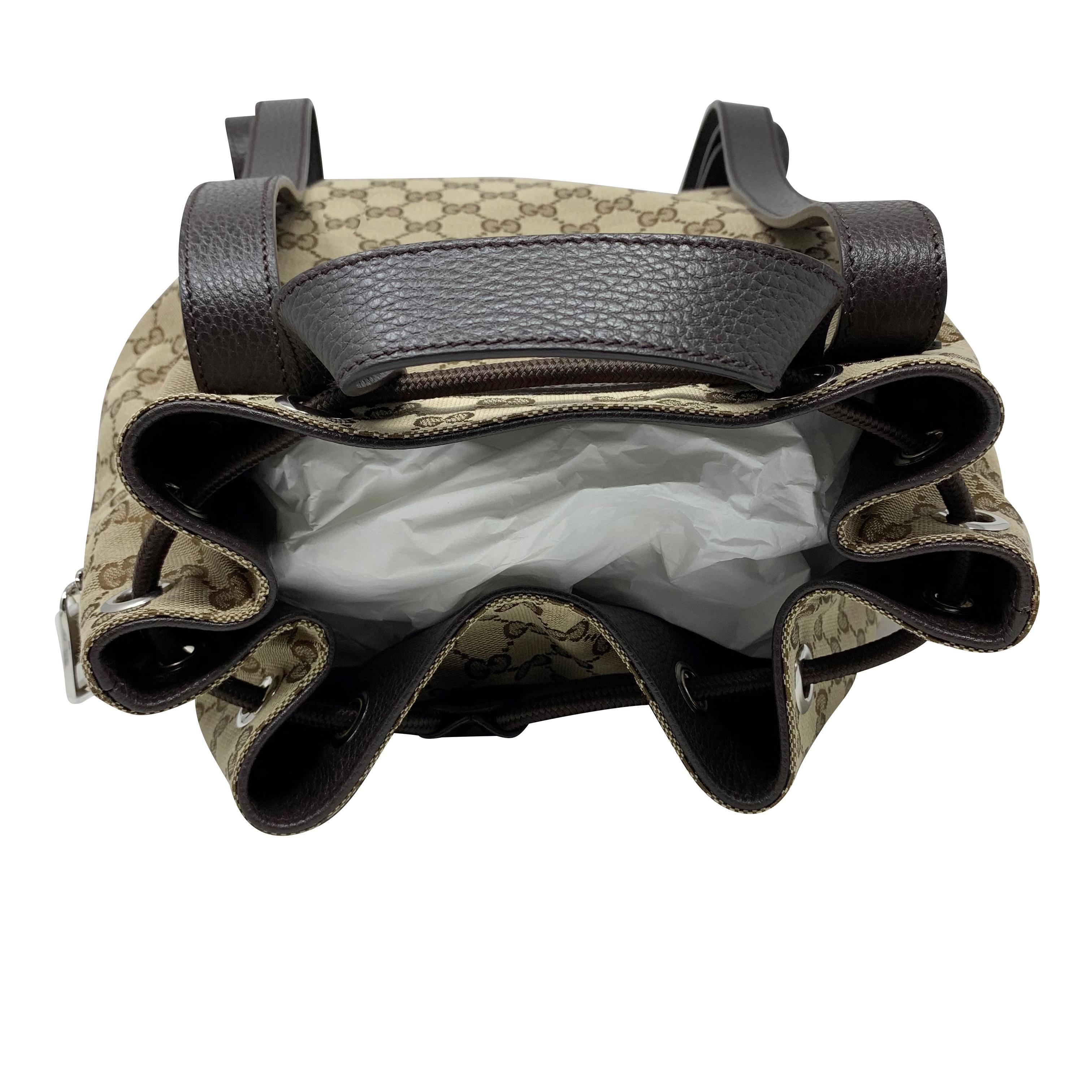 NEW Gucci Brown/Beige GG Guccissima Drawstring Canvas Backpack Rucksack For Sale 4