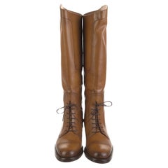 NEW Gucci Brown Leather Lace Up Riding Equestrian Boots 37.5