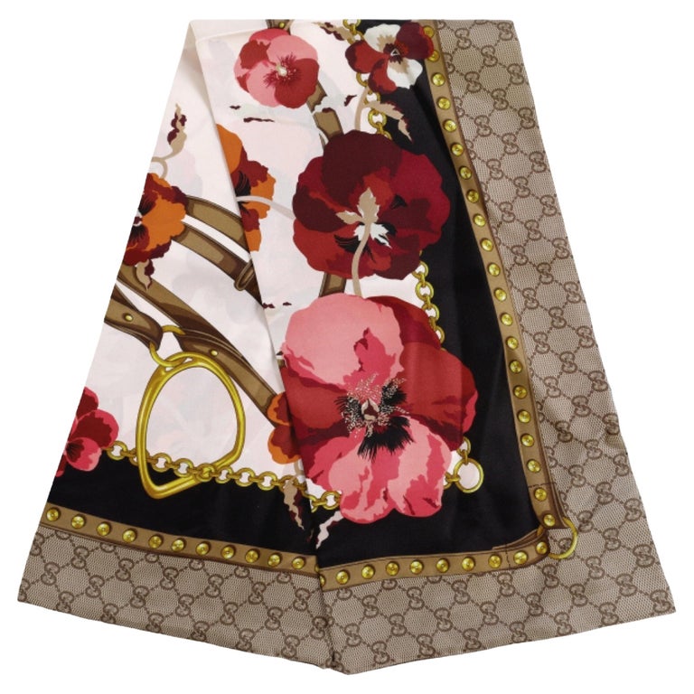NEW Gucci Brown Red Floral Monogram GG Guccissima Panshie Silk Square