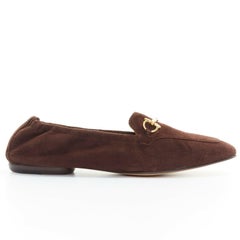 new Gucci mocassino in pelle scamosciata marrone con fibbia e tacco increspato in oro EU38C