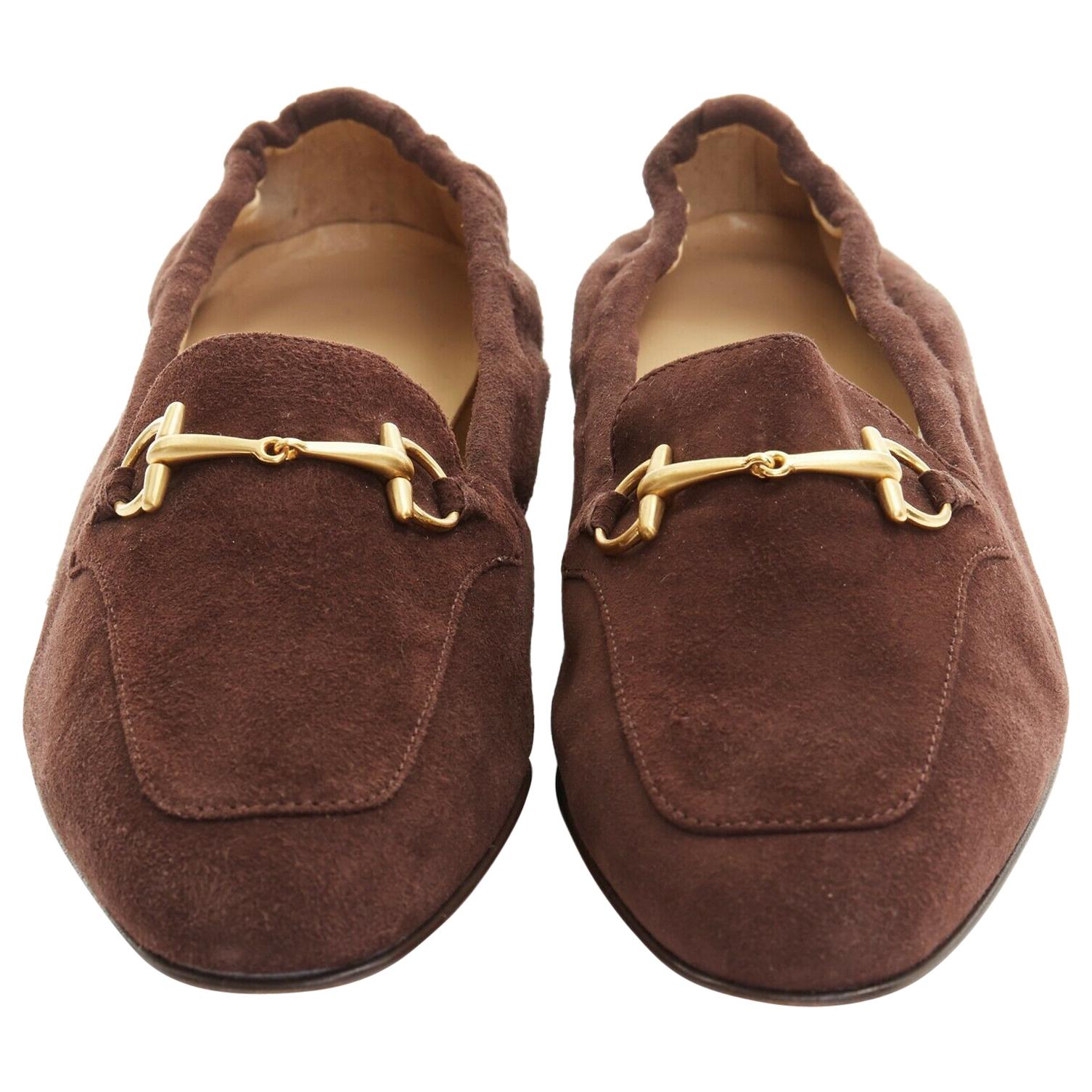 new GUCCI brown suede leather gold-tone horsebit buckle ruched heel loafer EU38C