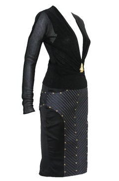 New Gucci by Tom Ford Metallic Deep Plunging Lion Brooch Top Studded Skirt 38  4