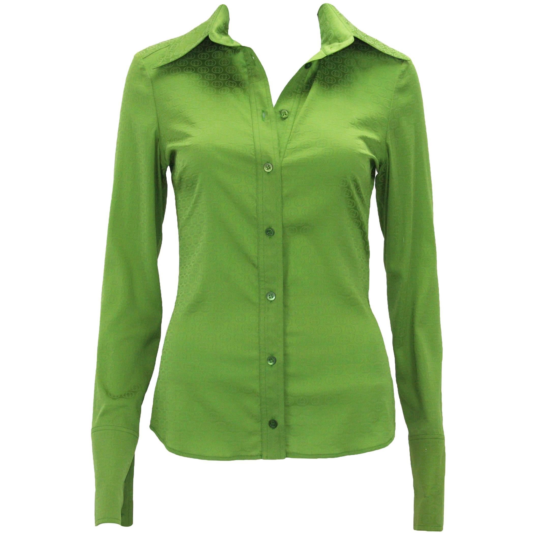 Nuevo Gucci by Tom Ford S/S 2003 Top Blusa Verde Estampado GG It. 38