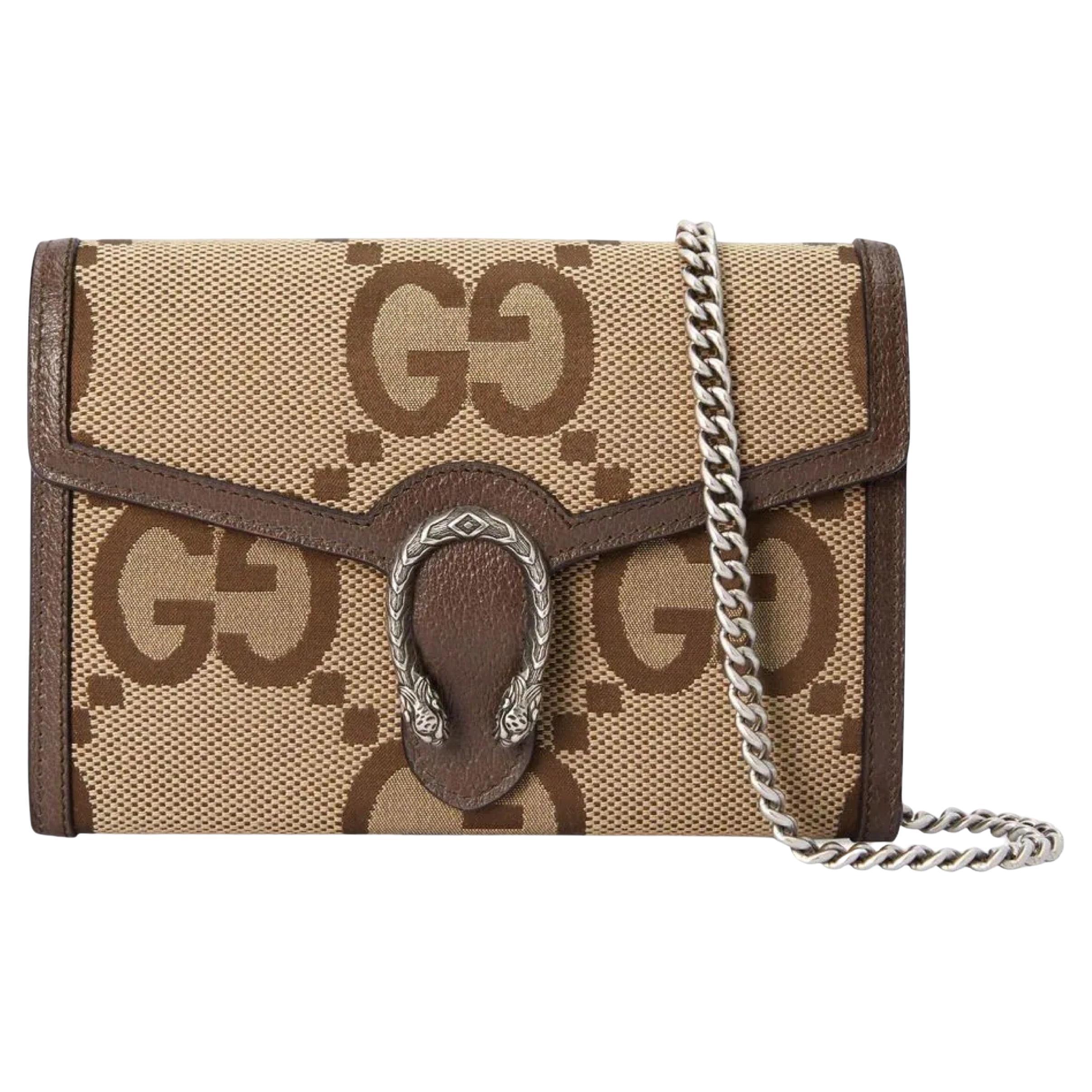 NEW Gucci Camel Ebony Dionysus Jumbo GG Canvas Wallet Crossbody Bag For Sale