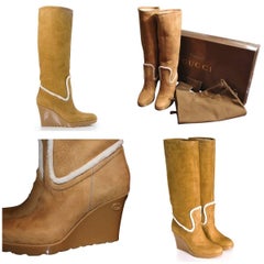 New Gucci Camel Lambskin Shearling Wedge Boots Sz 8.5