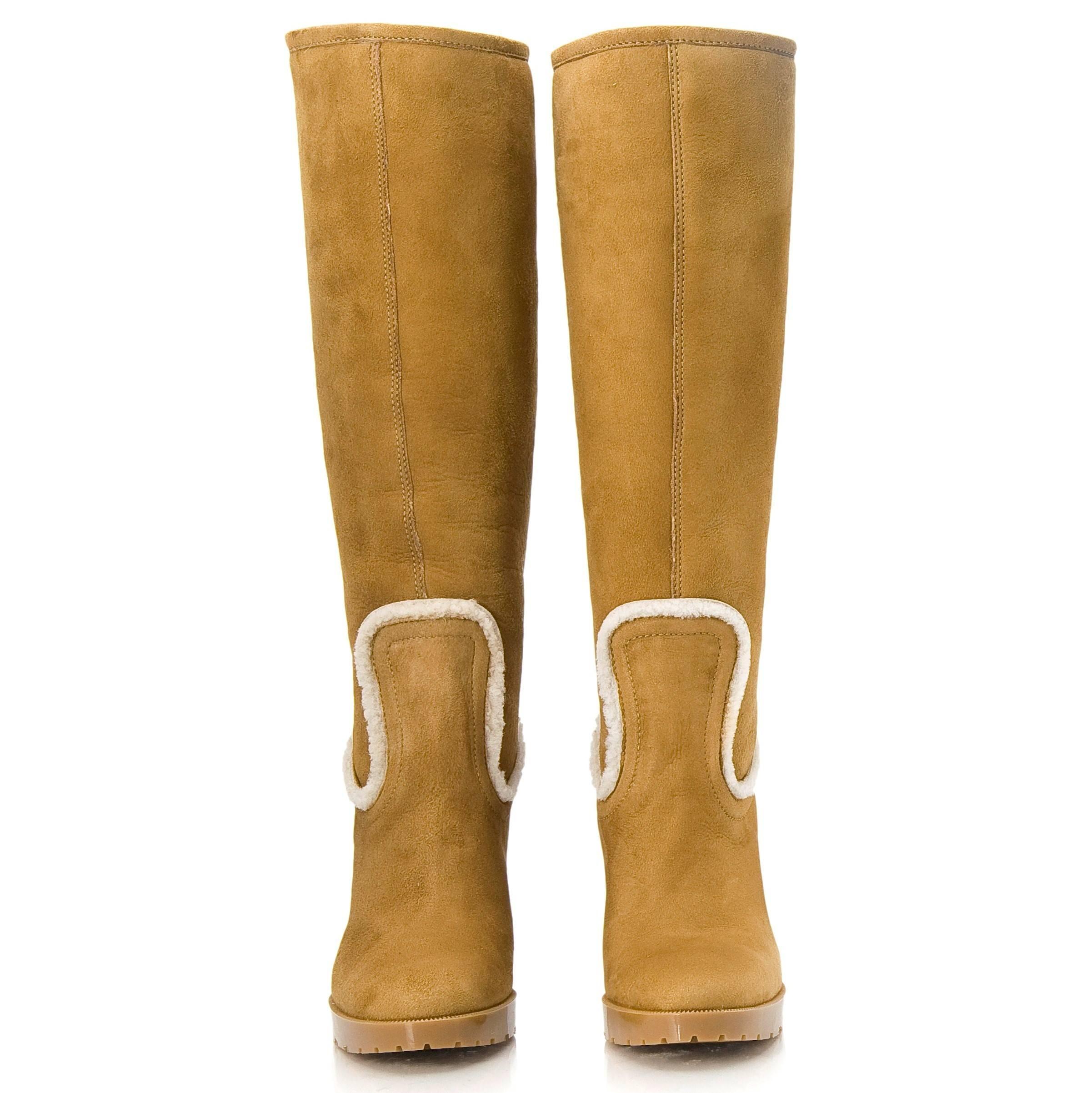 Marron New Gucci Camel Lambskin Shearling Wedge Boots Sz 8.5