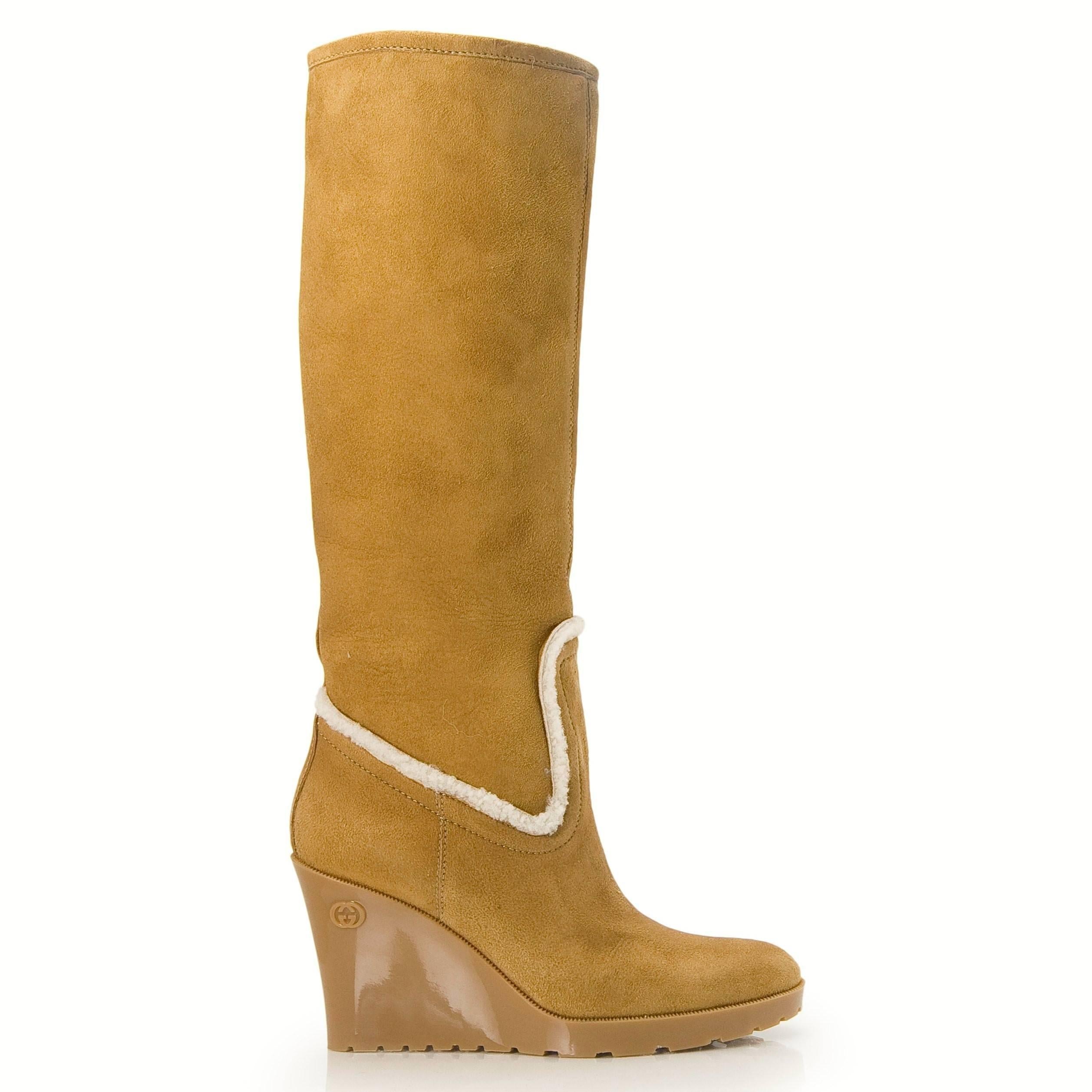 New Gucci Camel Lambskin Shearling Wedge Boots Sz 8.5 1