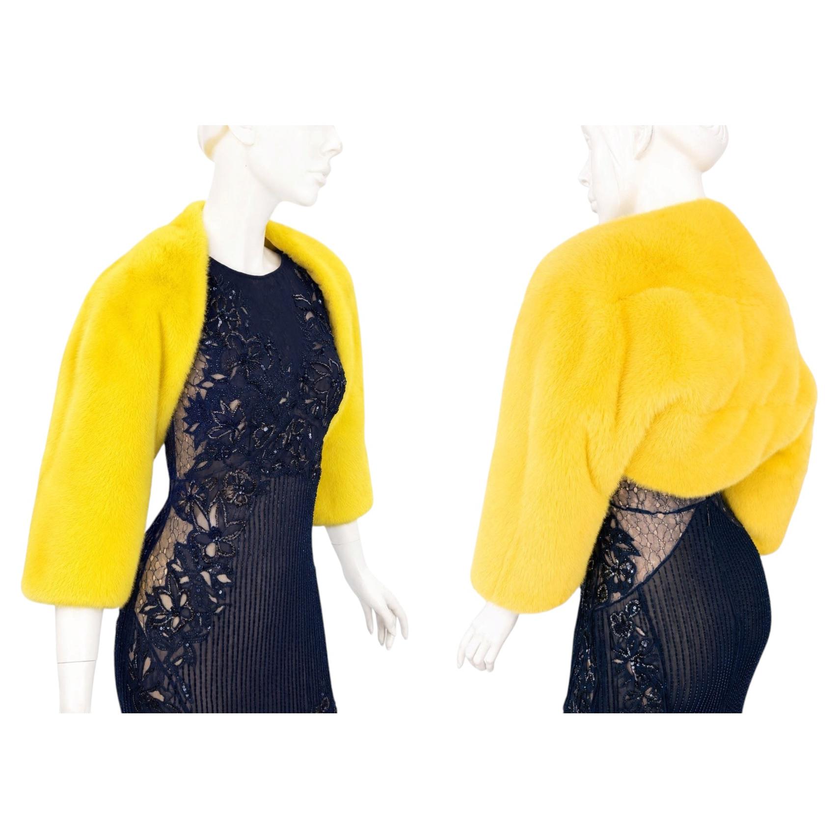 New Gucci Canary Yellow Mink Fur Cape Jacket Italian size 42