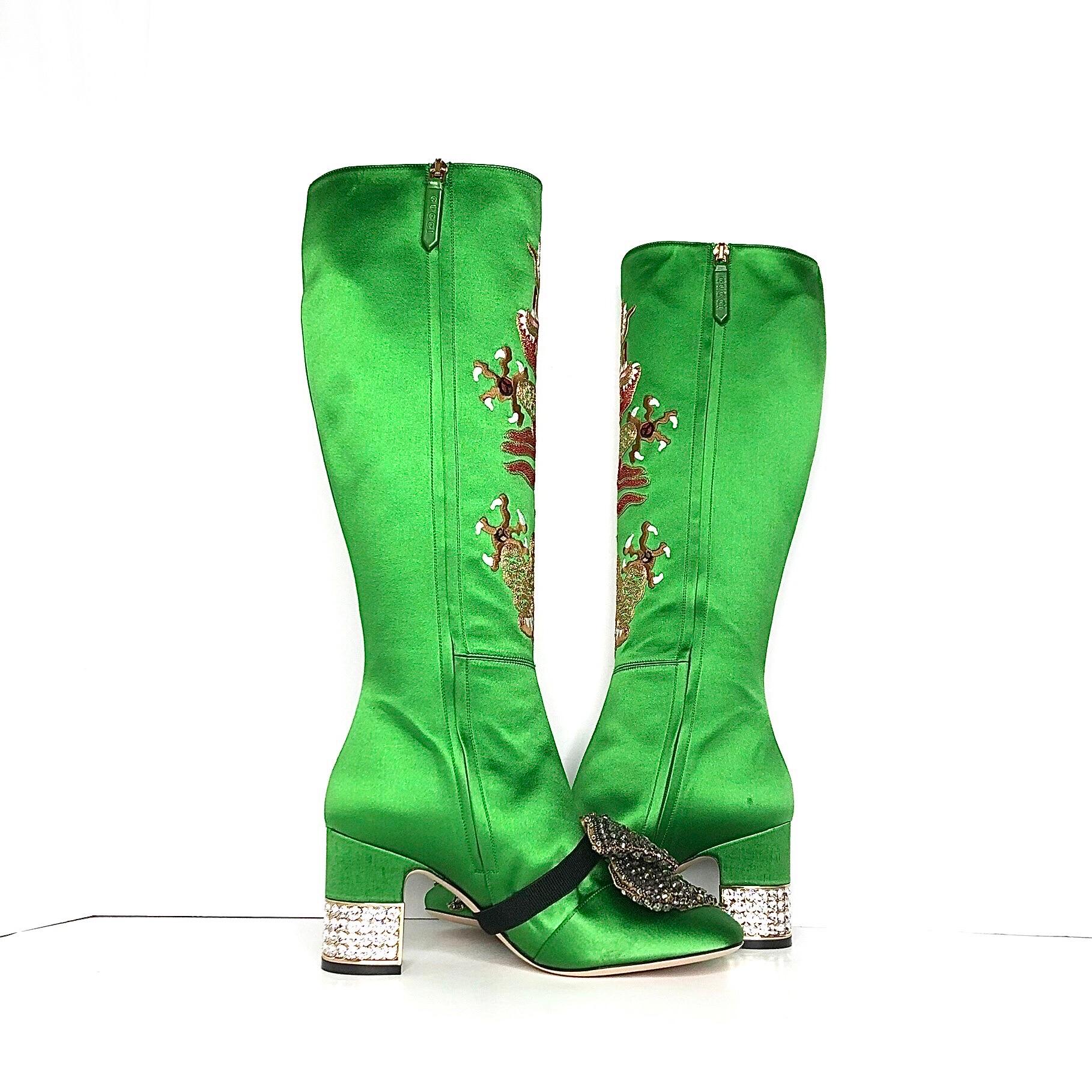 NUEVO Gucci Dragón de caramelo con lazo bordado Botas altas a la rodilla con adornos de cristal 36 Verde en venta
