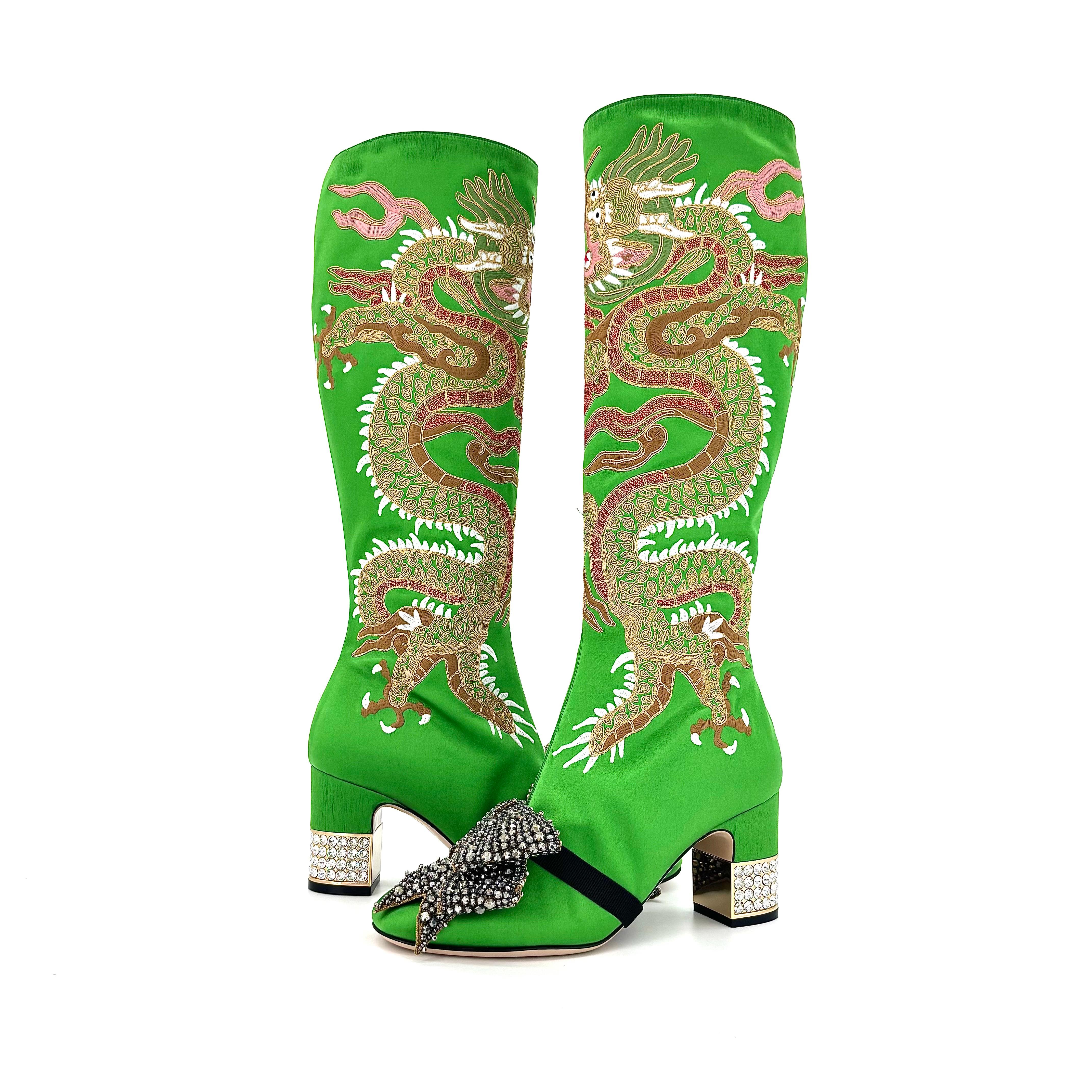 NUEVO Gucci Dragón de caramelo con lazo bordado Botas altas a la rodilla con adornos de cristal 37.5 Verde en venta