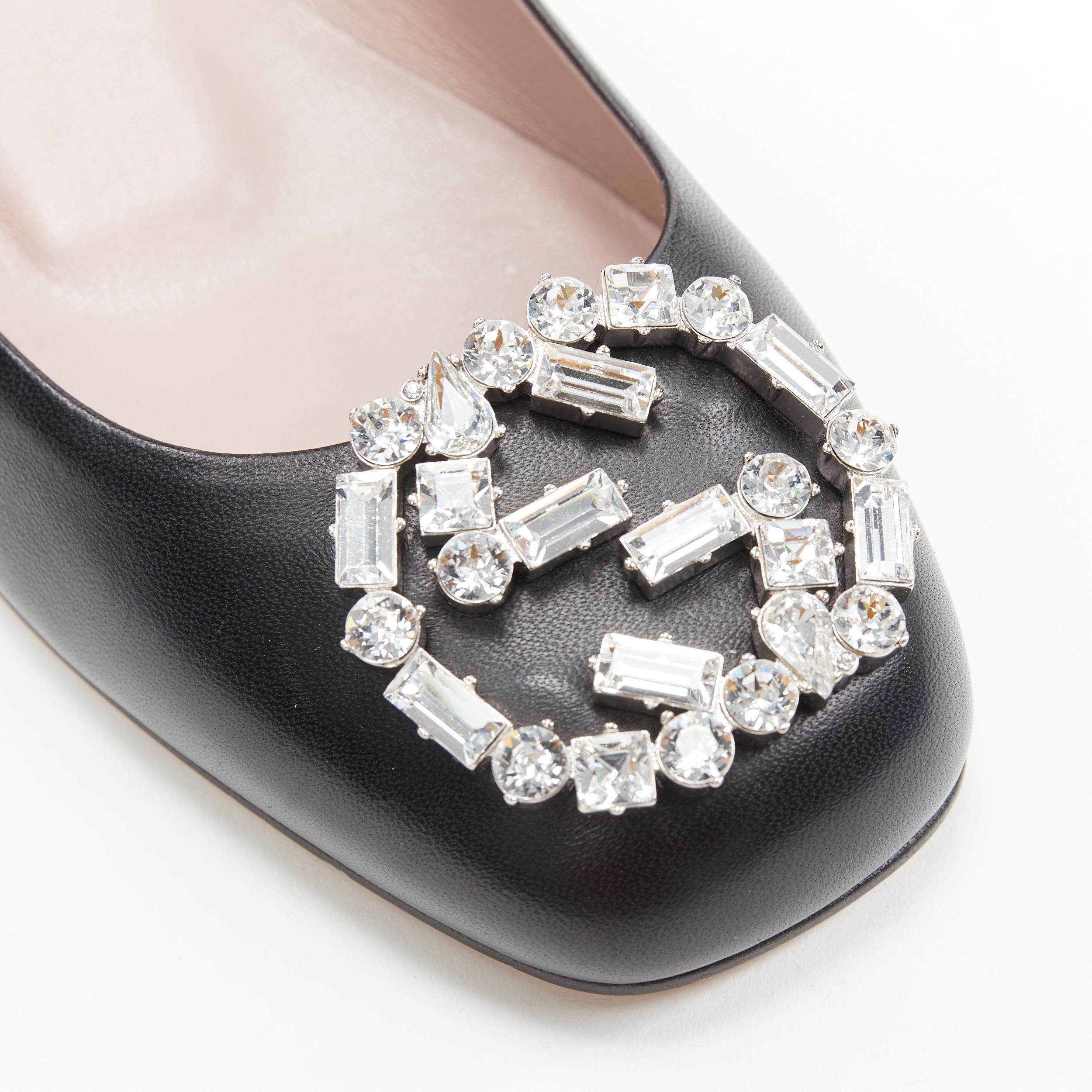 Women's new GUCCI Charlotte black crystal jewel GG brooch round toe block heel pump EU36