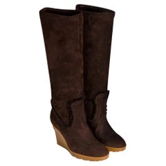 New Gucci Chocolate Brown Shearling Wedge Boots Sz 6