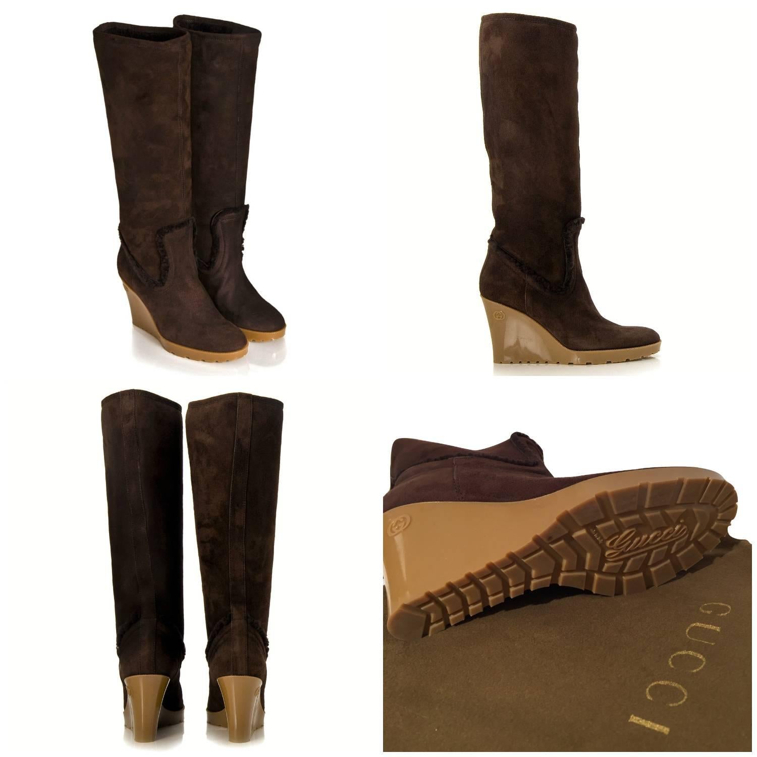 Neu Gucci Schokolade Brown Shearling Keil Stiefel Sz 8 (Schwarz)