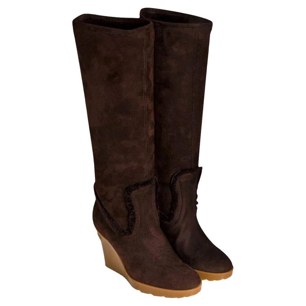 New Gucci Chocolate Brown Shearling Wedge Boots Sz 8.5