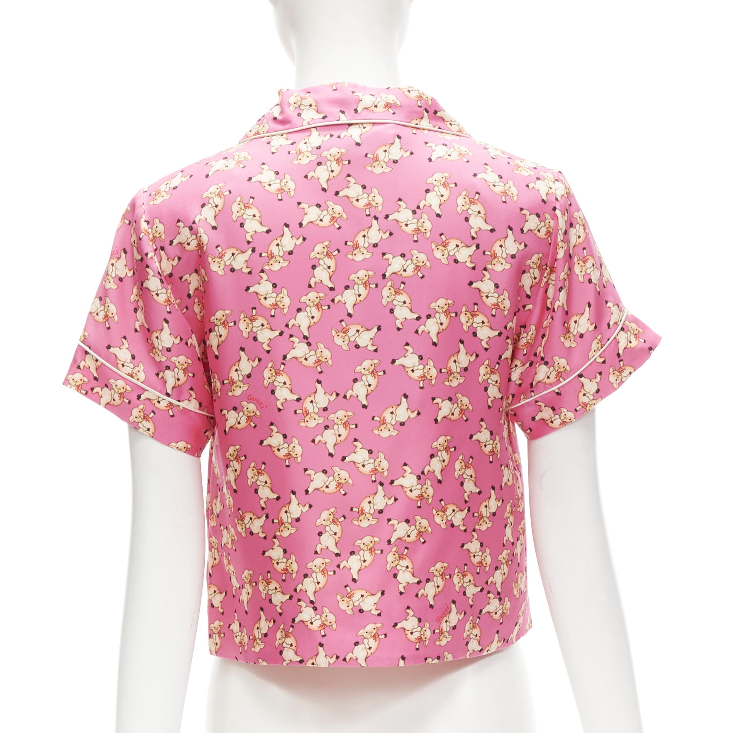 Women's new GUCCI CNY 2019 100% silk pink piggy print cropped pajama shirt IT36 XS rare For Sale