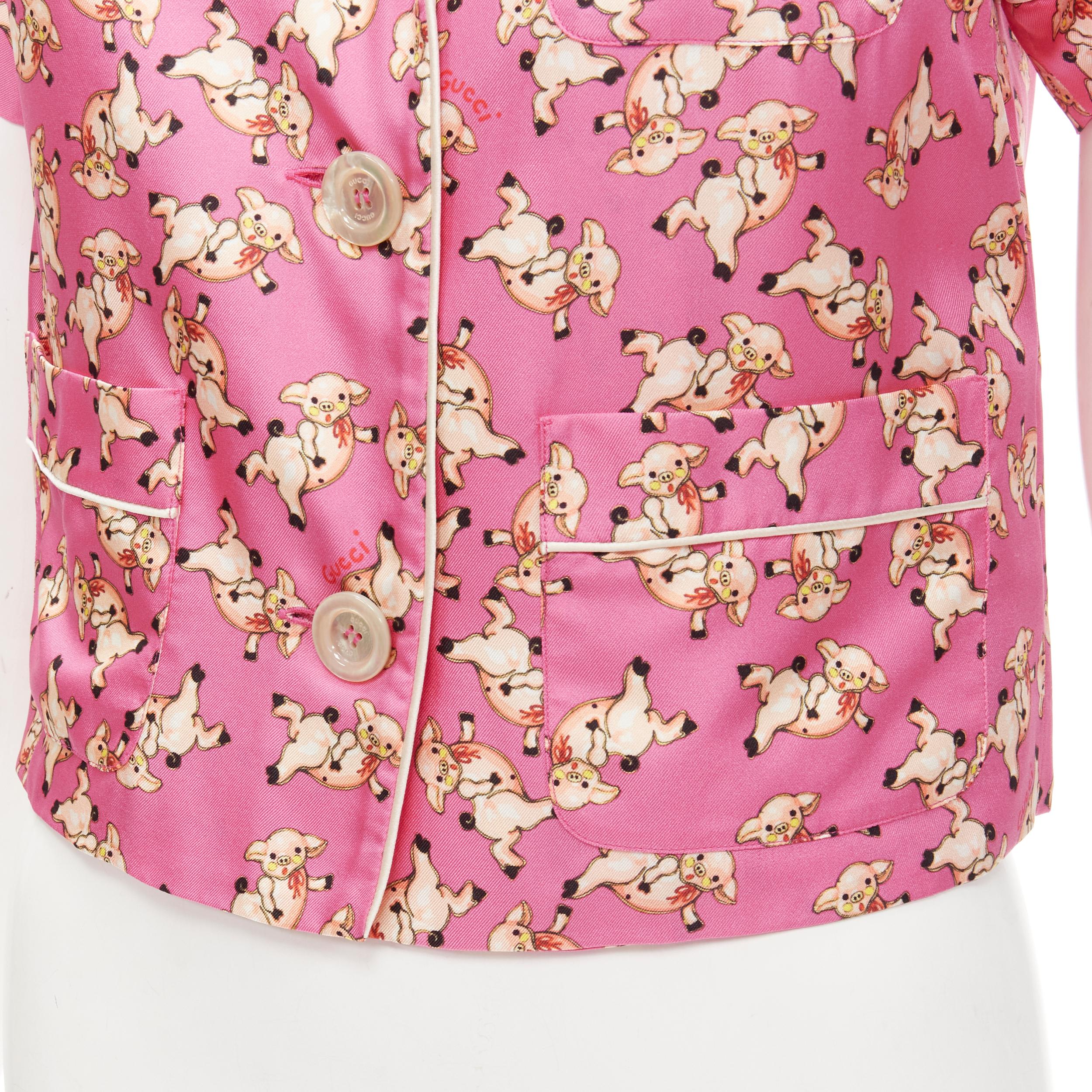 new GUCCI CNY 2019 100% silk pink piggy print cropped pajama shirt IT36 XS rare For Sale 2