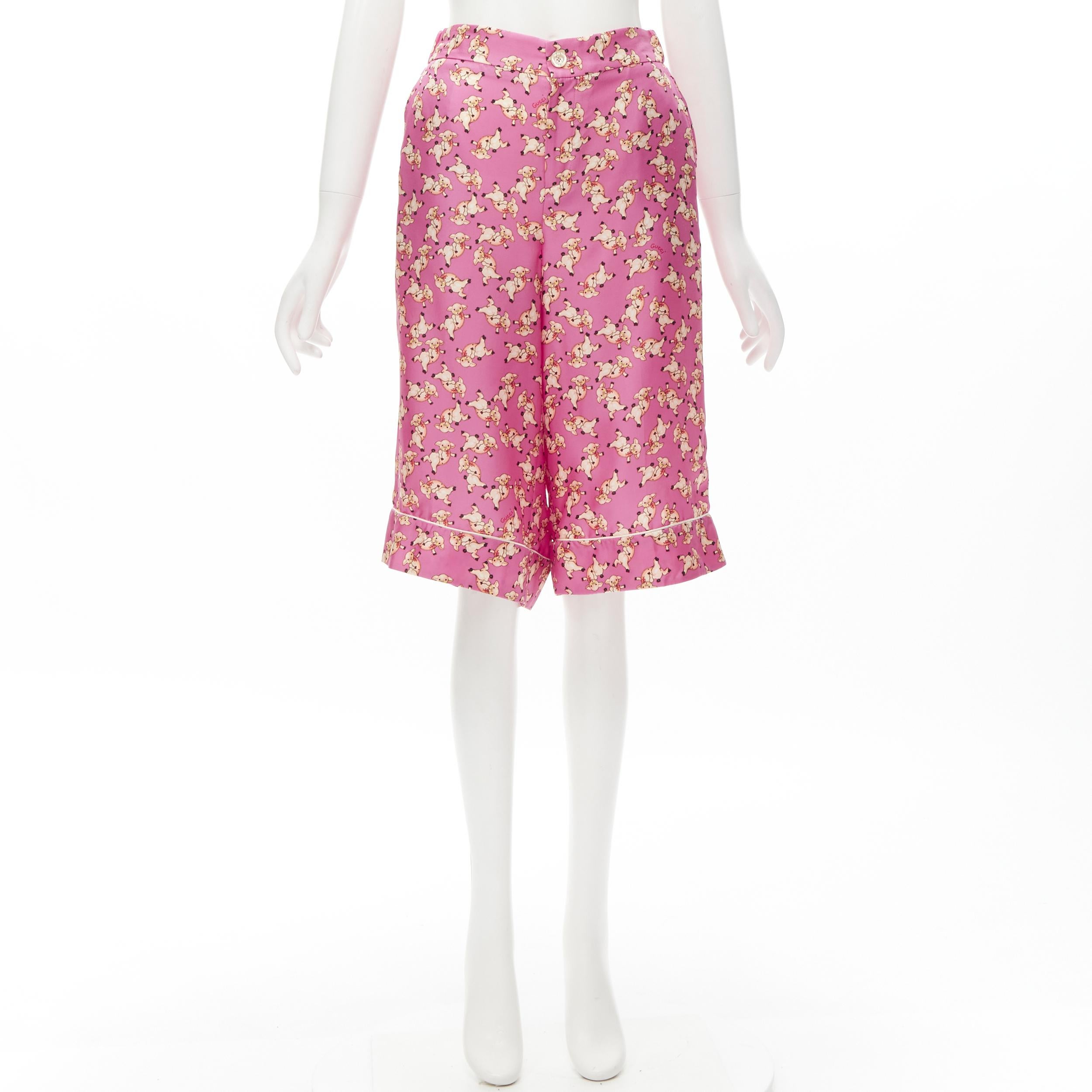 Neu GUCCI CNY 2019 100% Seide Rosa Piggy Print Kurzarm-Pjama-Hemd IT36 XS selten im Angebot 4