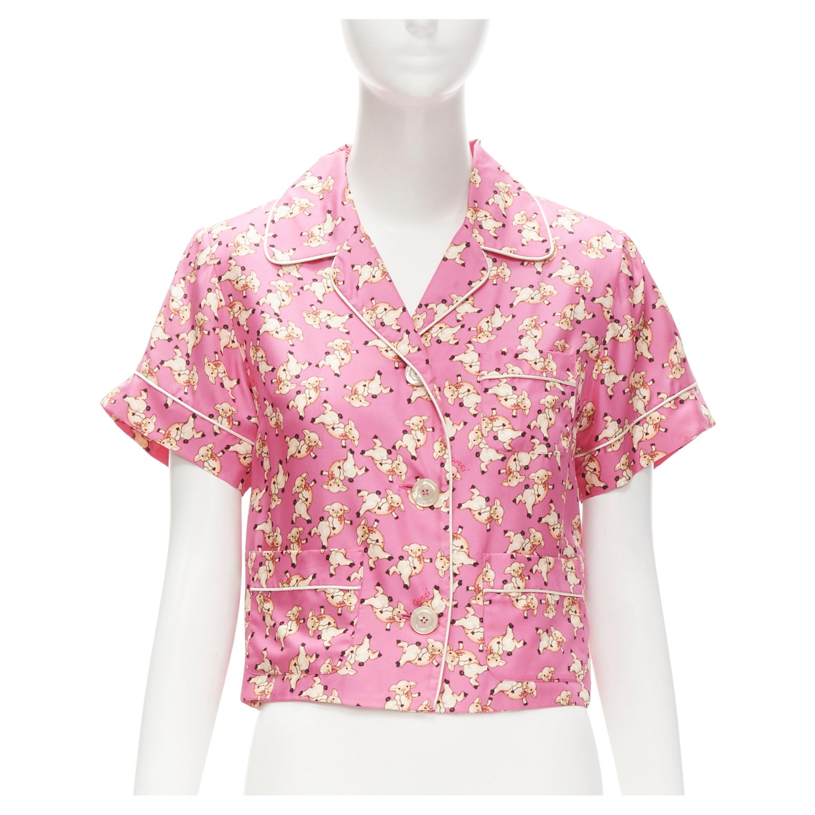 new GUCCI CNY 2019 100% silk pink piggy print cropped pajama shirt IT36 XS rare For Sale