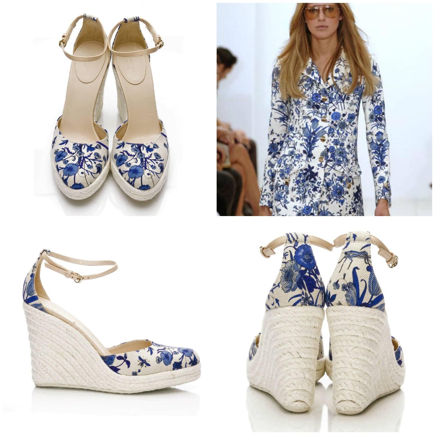 Gucci Cruise 2007 Wedges
Size: 7.5
Brand New
* Stunning Gucci Flora Wedges
* Runway Cruise 2007 Line
* Famous Flora Canvas Print
* Blue & Cream
*Woven Platform Heel
* Leather Adjustable Ankle Strap
* 1