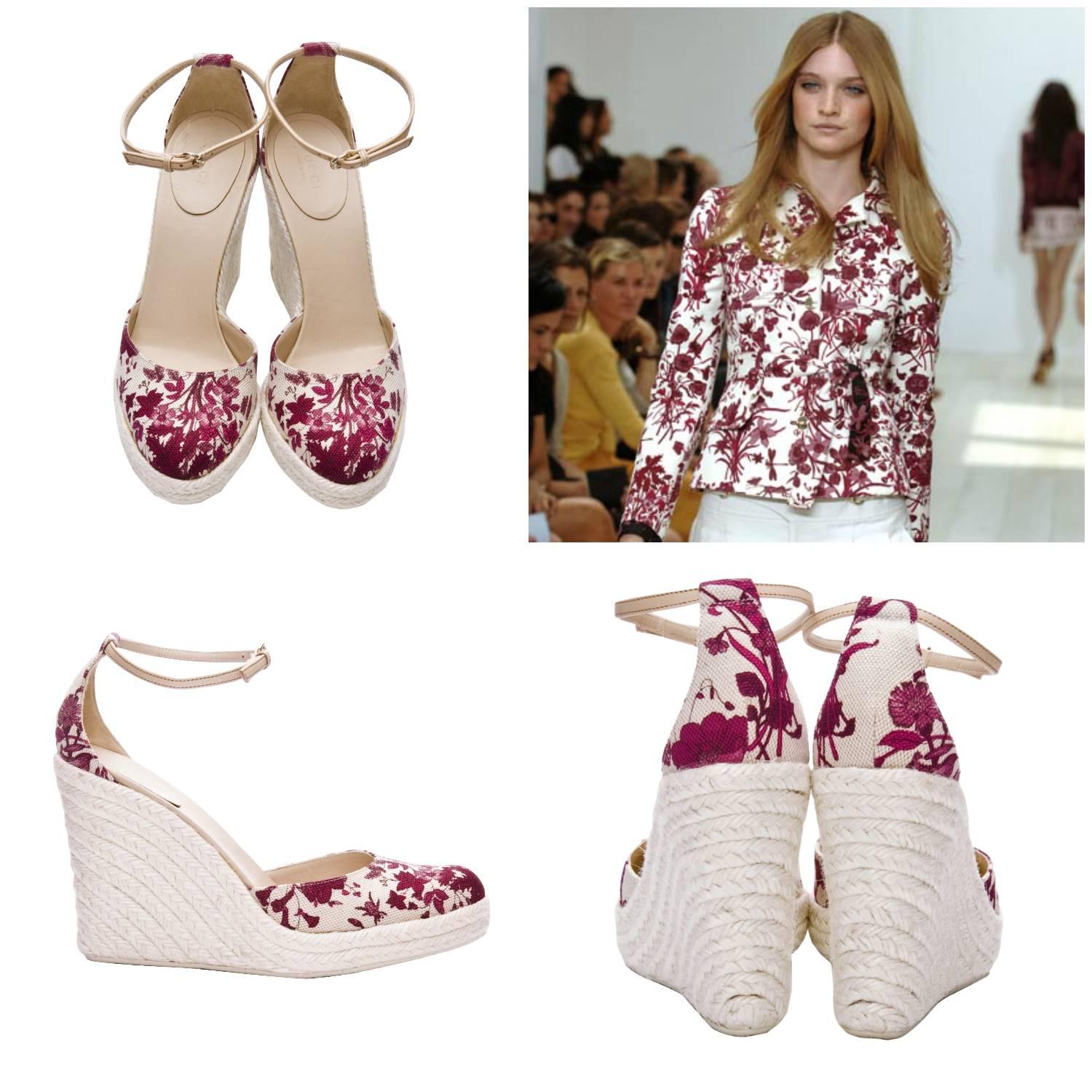 Gucci Cruise 2007 Wedges
Brand New
Size: 8
* Stunning Gucci Flora Wedges
* Runway Cruise 2007 Line
* Famous Flora Canvas Print
* Red Wine & Cream
*Woven Platform Heel
* Leather Adjustable Ankle Strap
* 1