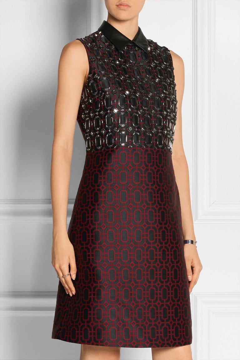 New Gucci Crystal Embellished Jacquard Dress With Leather Collar Size new-gucci-crystal-embellished-jacquard-dress-with-leather-collar-size