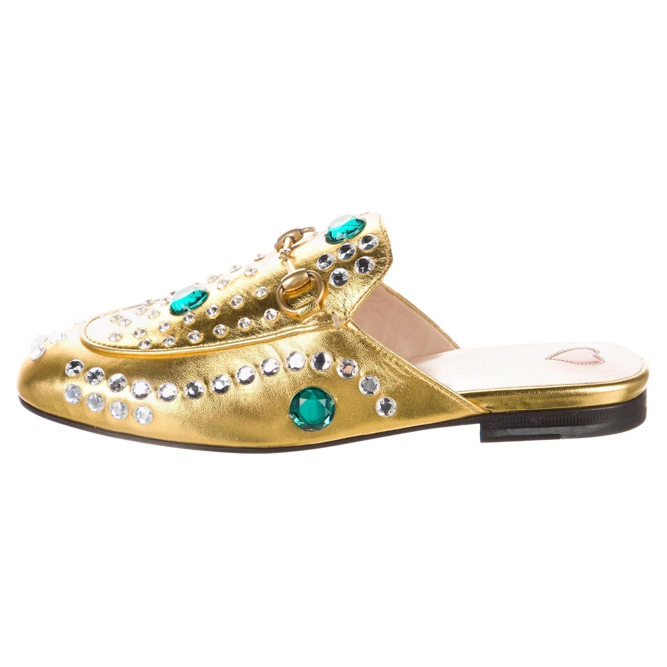 New Gucci Disco Princetown Gold Jeweled Loafers Slides Flats Sz 36