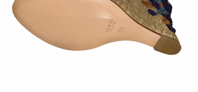 NEW Gucci Embroidered Floral Suede Horsebit Platform Wedge Sandals High Heels 8 For Sale 7