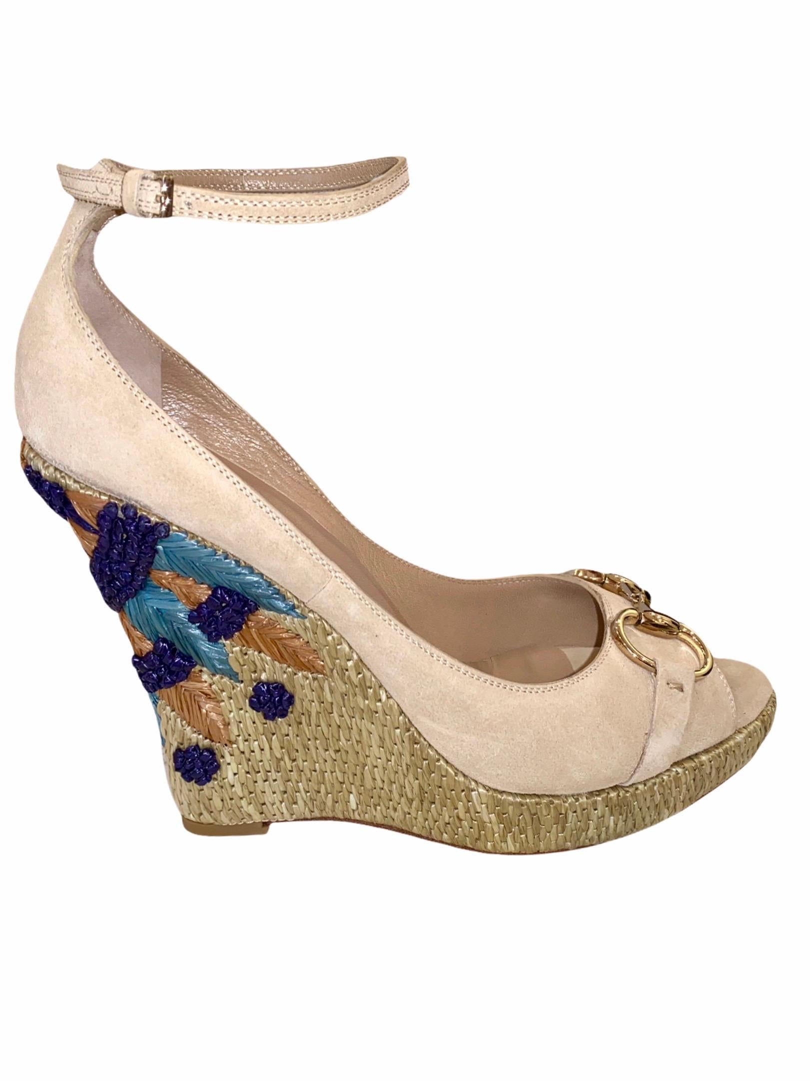 NEW Gucci Embroidered Floral Suede Horsebit Platform Wedge Sandals High Heels 8 For Sale 1