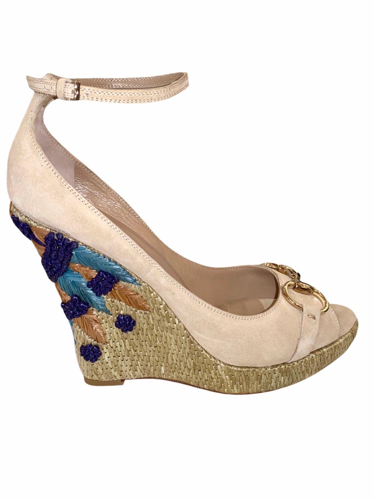 NEW Gucci Embroidered Floral Suede Horsebit Platform Wedge Sandals High Heels For Sale 1