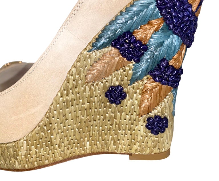 NEW Gucci Embroidered Floral Suede Horsebit Platform Wedge Sandals High Heels For Sale 2