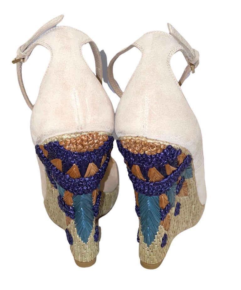 NEW Gucci Embroidered Floral Suede Horsebit Platform Wedge Sandals High Heels For Sale 3