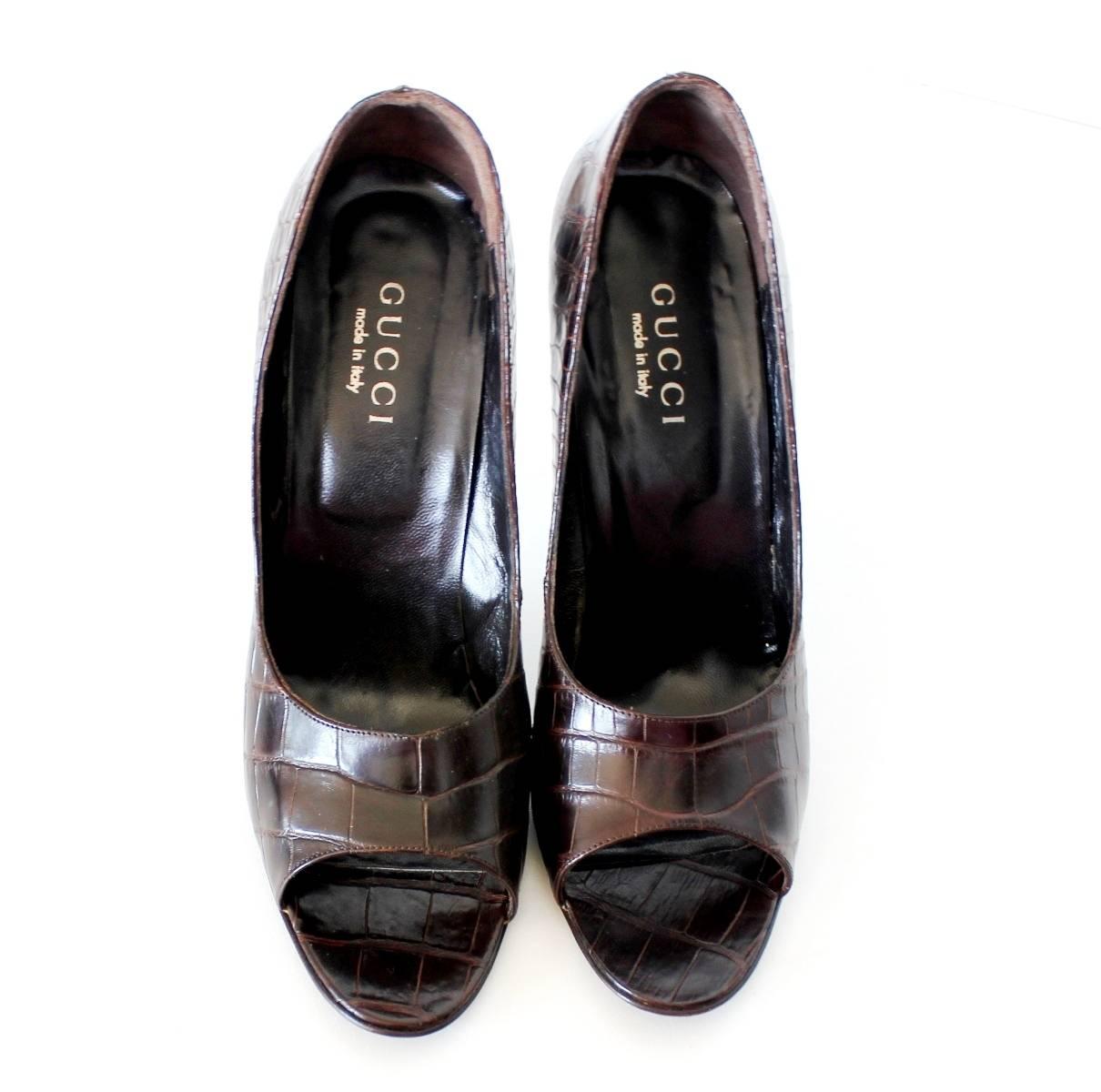 NEW Gucci Exotic Chocolate Brown Skin High Heel Peep Toes Sandals 37.5 ...