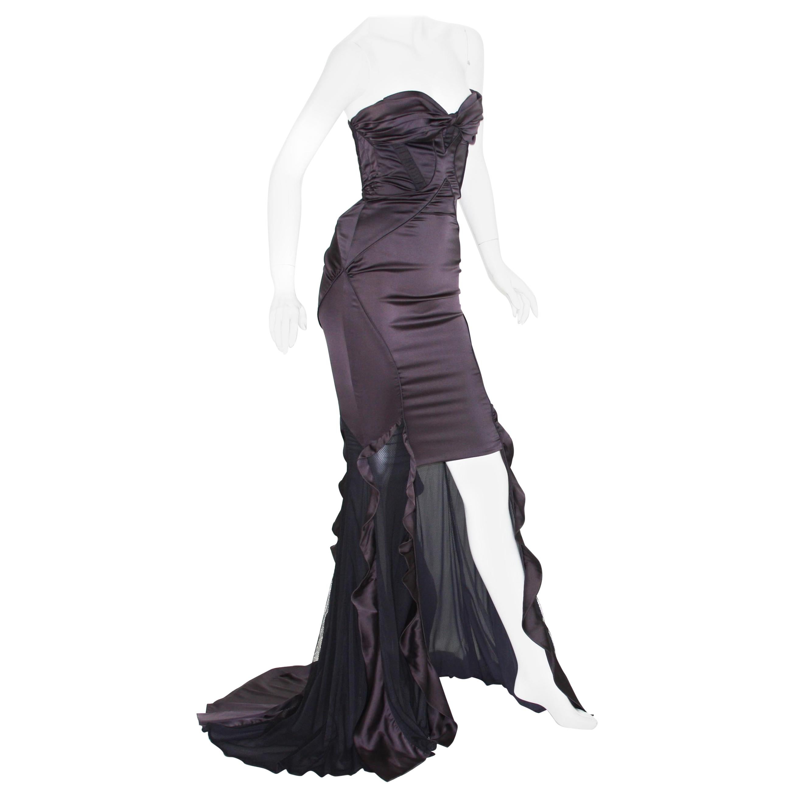 NWT Gucci F/W 2005 Silk High-Low Cut-Out Gunmetal Brown Black Net Dress Gown 40 For Sale