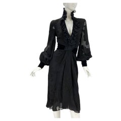 New Gucci F/W 2012 Black Pre-Raphaelite Sleeve Ruffle and Velvet Detail Dress 38
