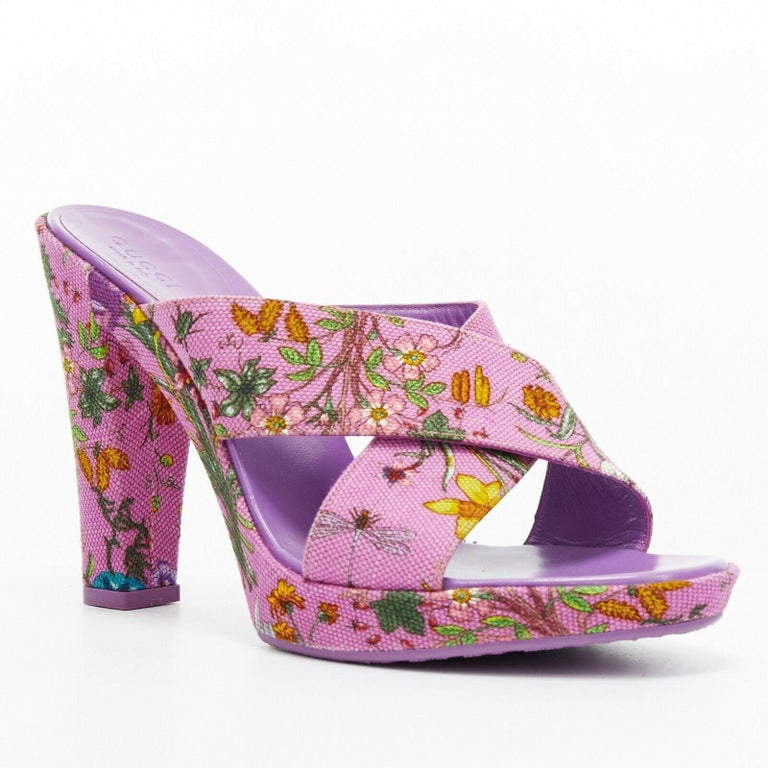 new GUCCI Flora purple floral canvas cross strap platform mule sandals ...