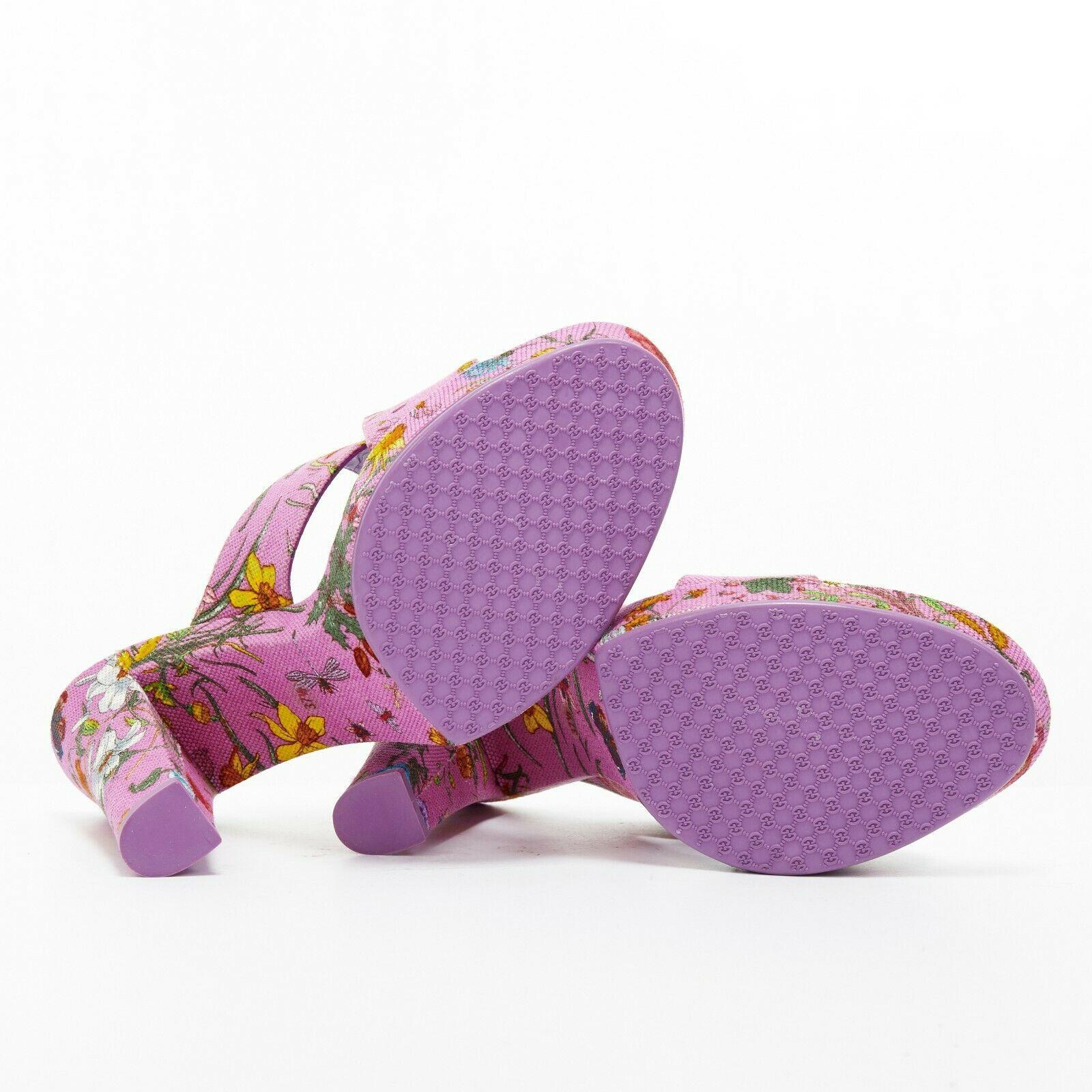 Brown new GUCCI Flora purple floral canvas cross strap platform mule sandals EU37.5