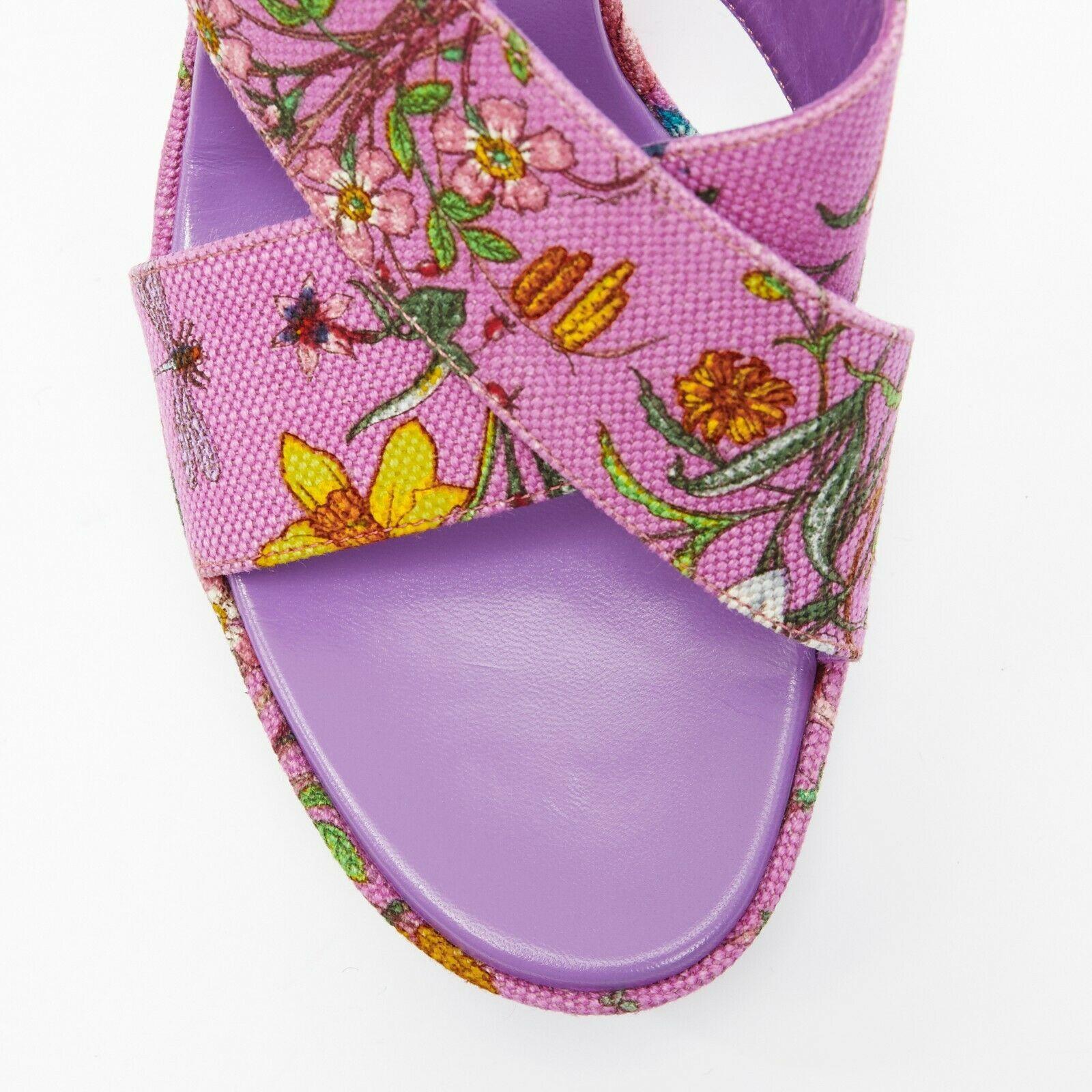 new GUCCI Flora purple floral canvas cross strap platform mule sandals EU37.5 In Good Condition In Hong Kong, NT