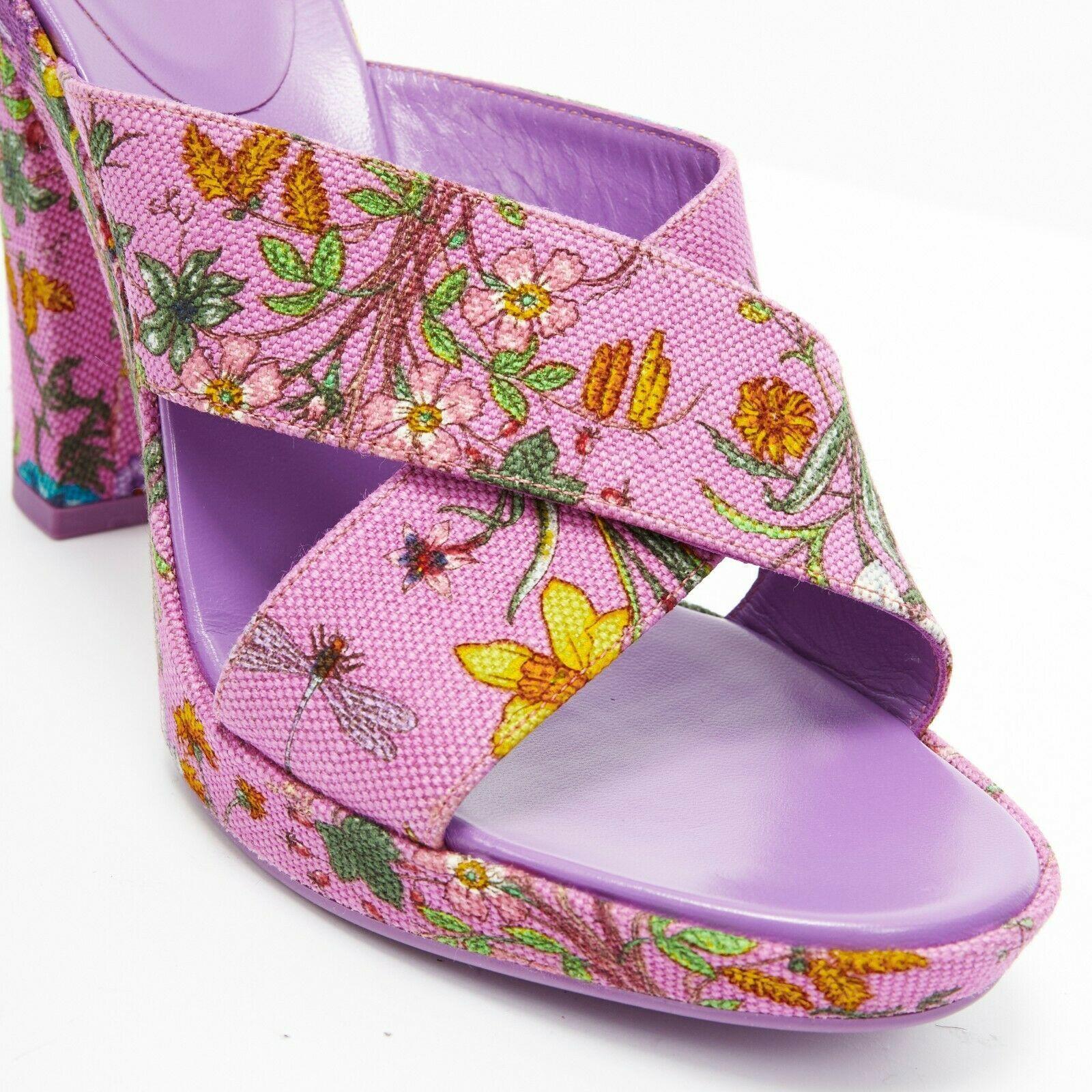 Women's new GUCCI Flora purple floral canvas cross strap platform mule sandals EU37.5