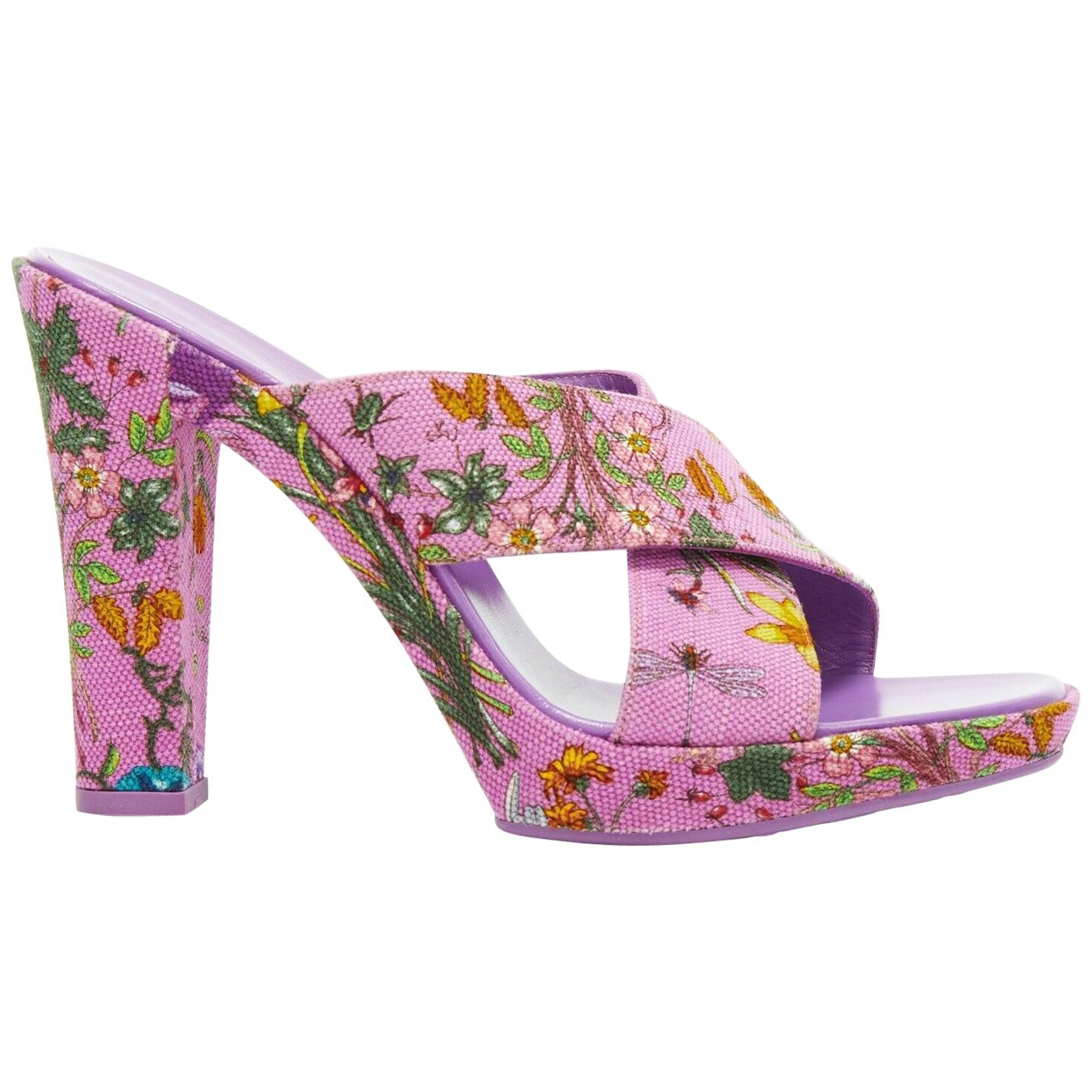 new GUCCI Flora purple floral canvas cross strap platform mule sandals ...