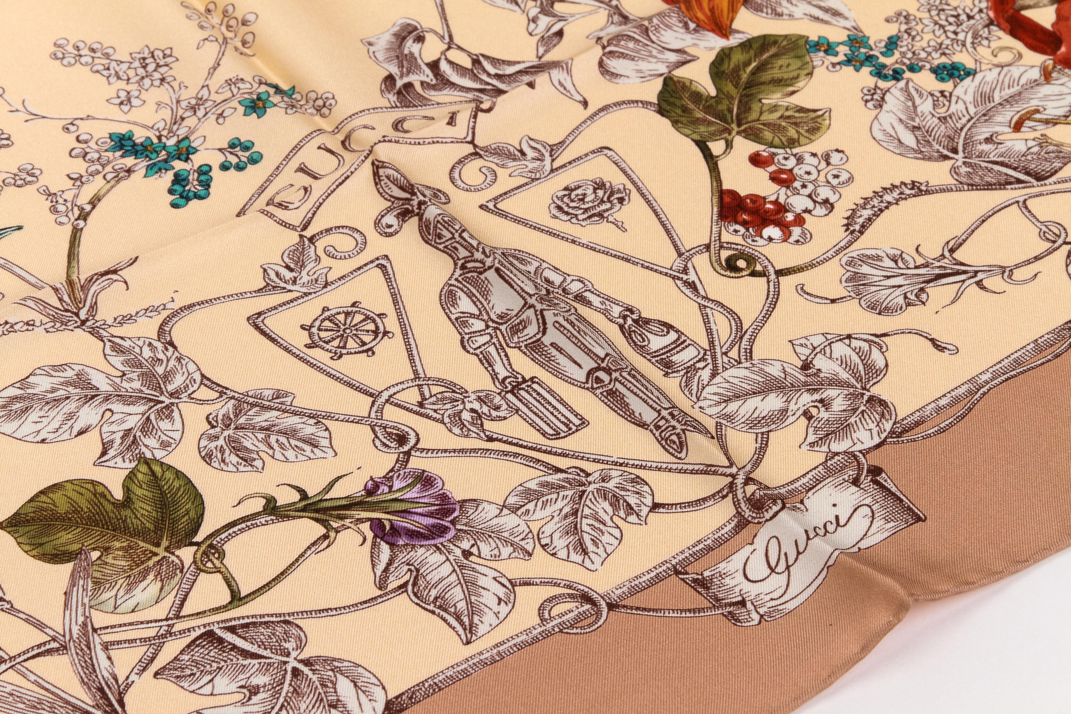 New Gucci Floral Bird Silk Scarf in beige and caramel tones. Original label and care tag.
100% Silk.
35X 35