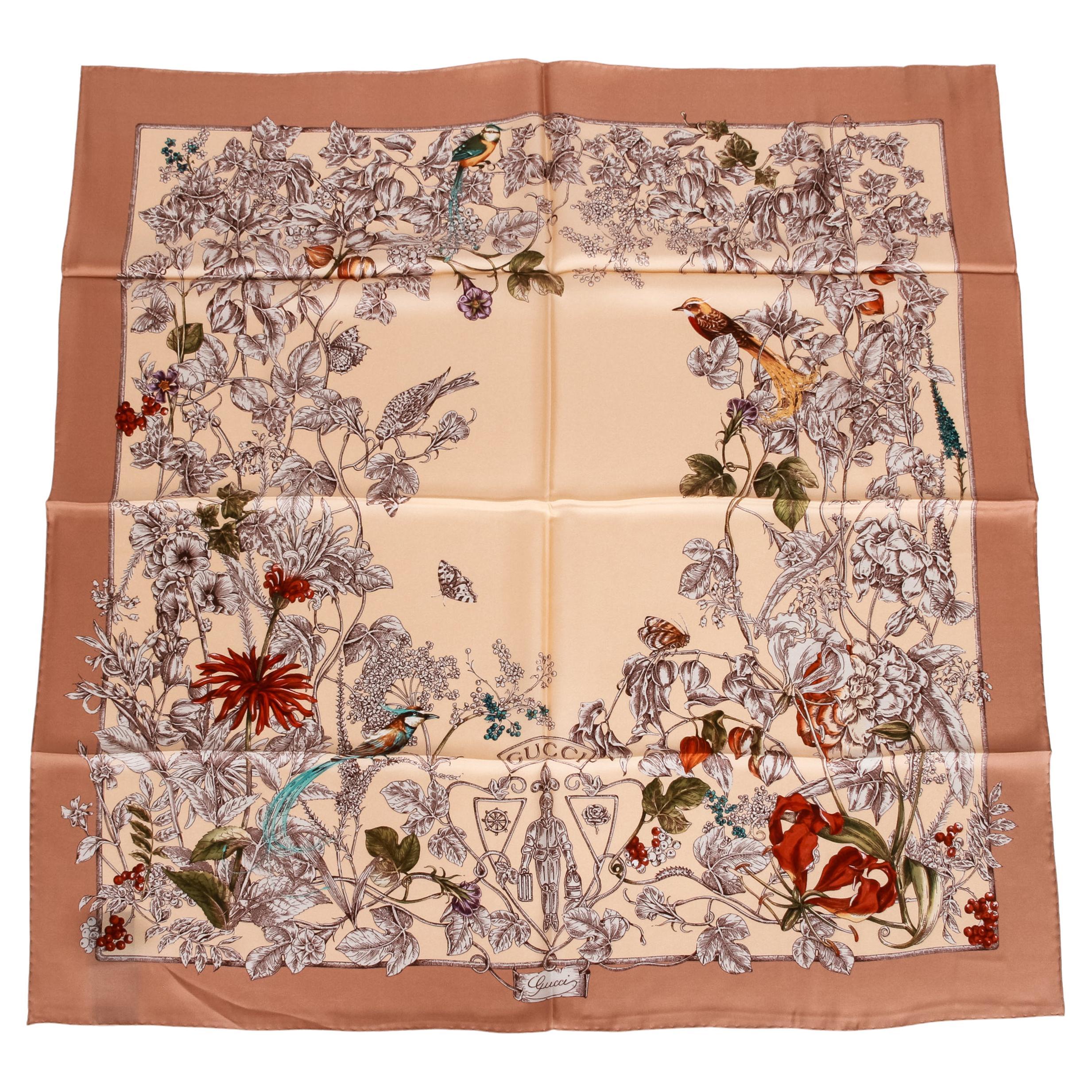 New Gucci Floral Bird Silk Scarf For Sale