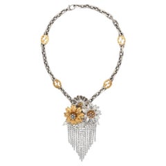 New Gucci Floral Crystals and Fringe Necklace in Silver & Gold Tone