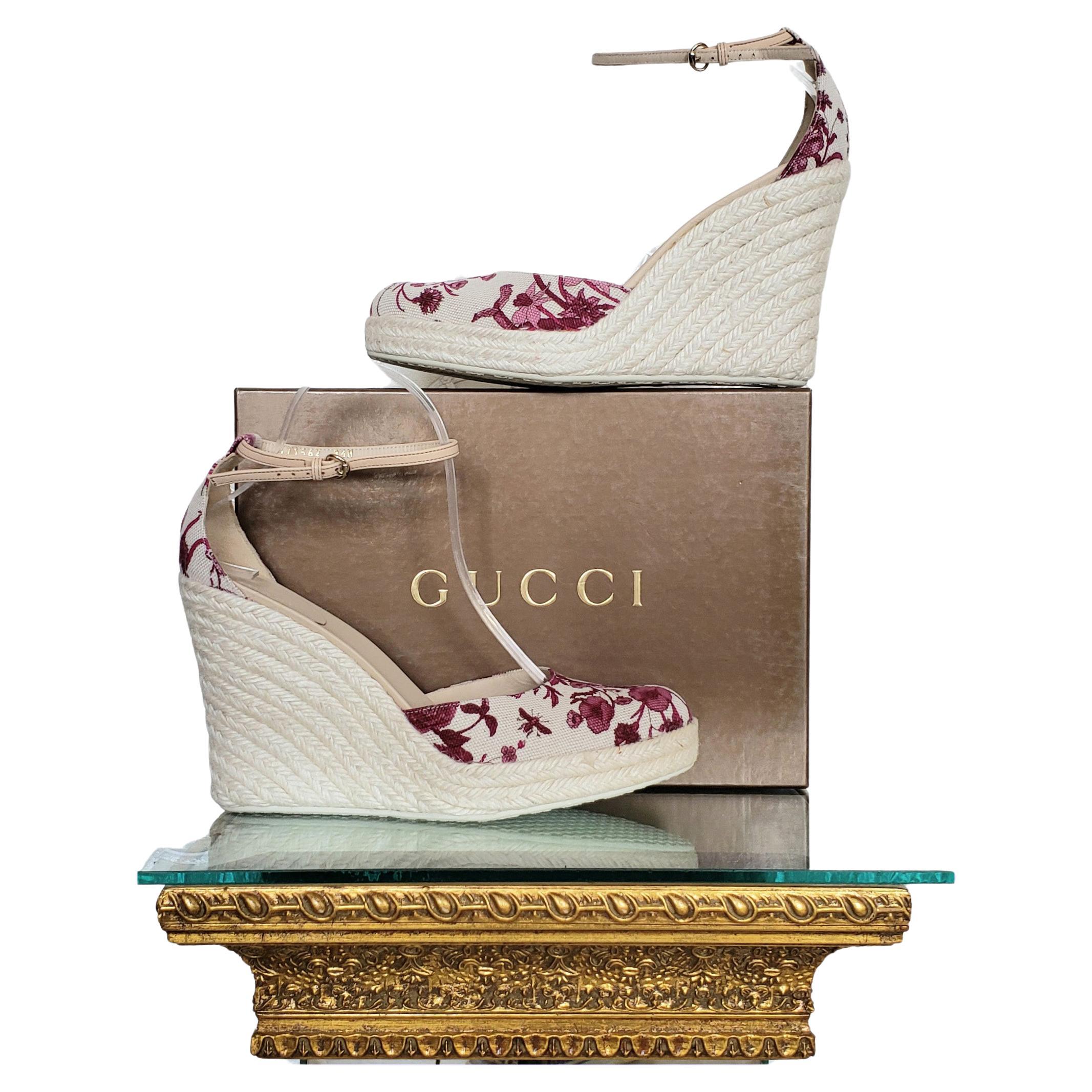 New GUCCI FLORAL ESPADRILLE WEDGES PLATFORM SHOES 8.5