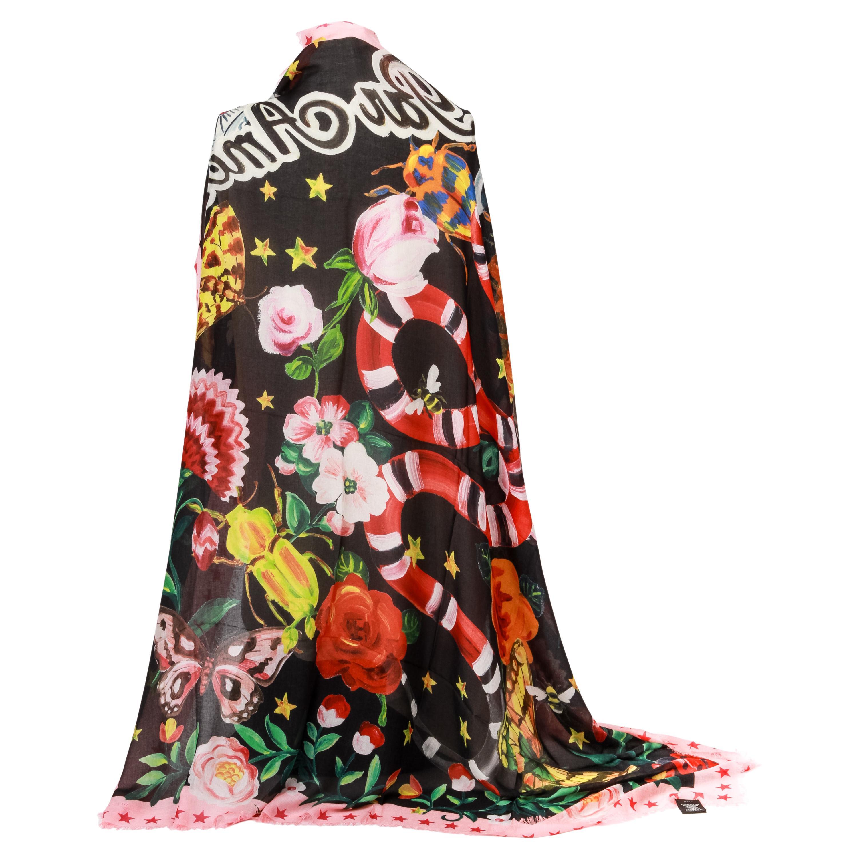 Gucci - Écharpe graphique noire en serpent à motifs floraux, état neuf