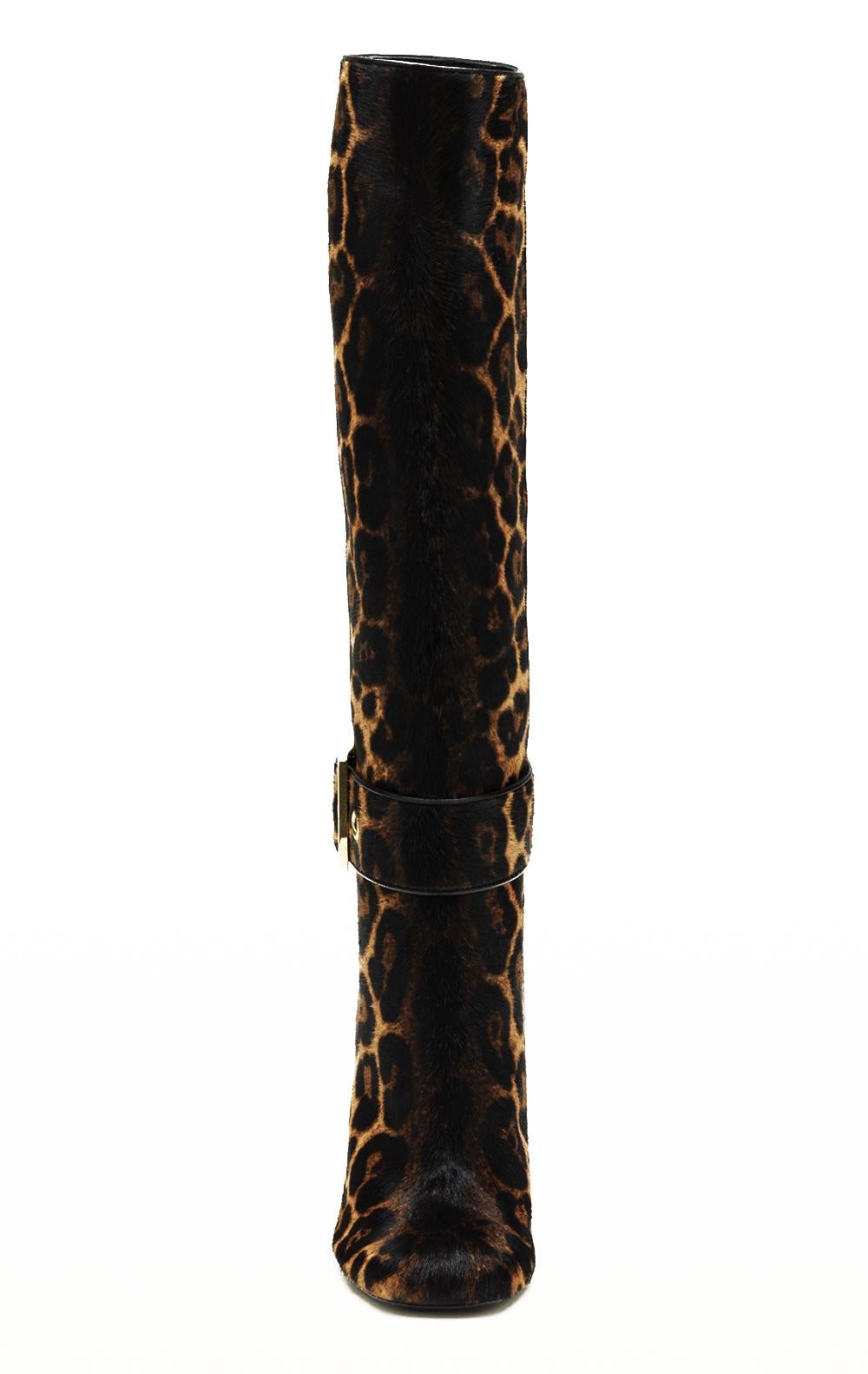 New GUCCI Fur Leather Jaguar Print Buckle Knee Tall Boots It. 36 - US 6 In New Condition For Sale In Montgomery, TX
