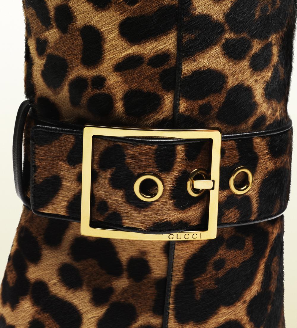 New GUCCI Fur Leather Jaguar Print Buckle Knee Tall Boots It. 36 - US 6 For Sale 1
