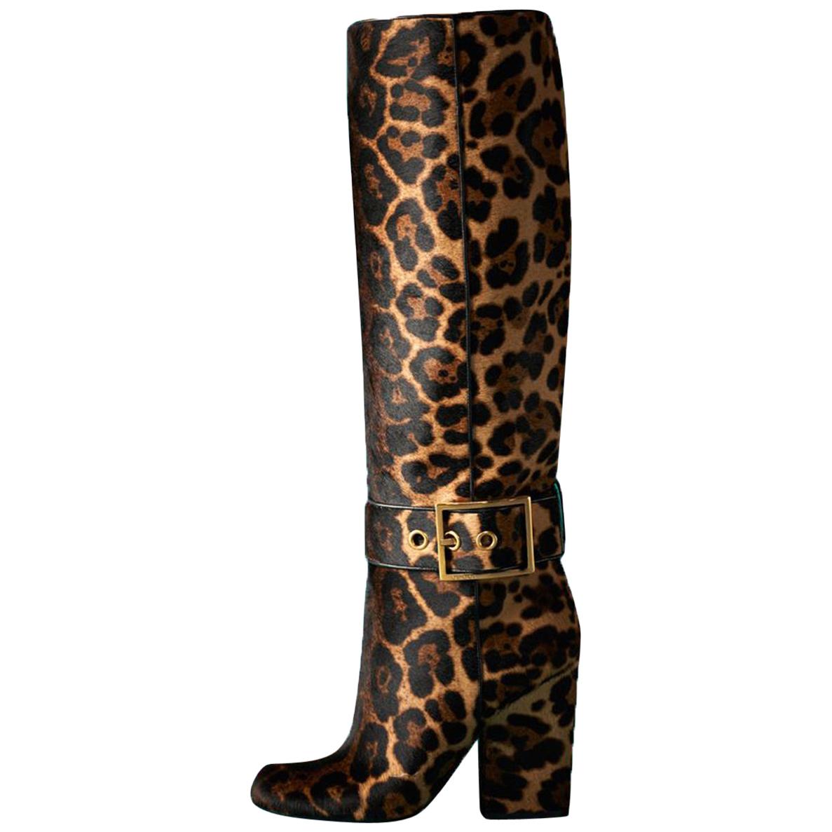 New GUCCI Fur Leather Jaguar Print Buckle Knee Tall Boots It. 36 - US 6 For Sale
