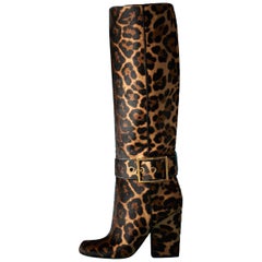 New GUCCI Fur Leather Jaguar Print Buckle Knee Tall Boots It. 36 - US 6