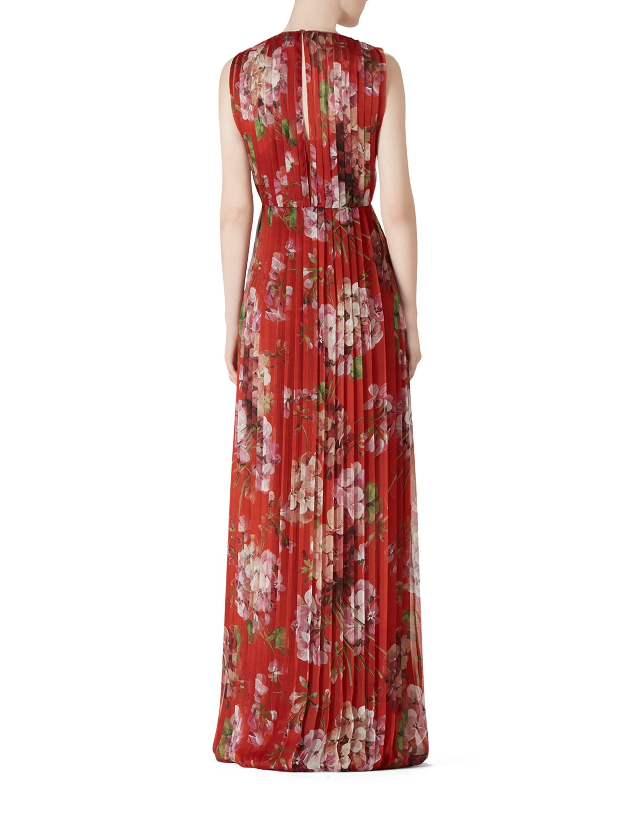Brown New Gucci Geranium Print Silk Plisse Long Dress Gown It. 40